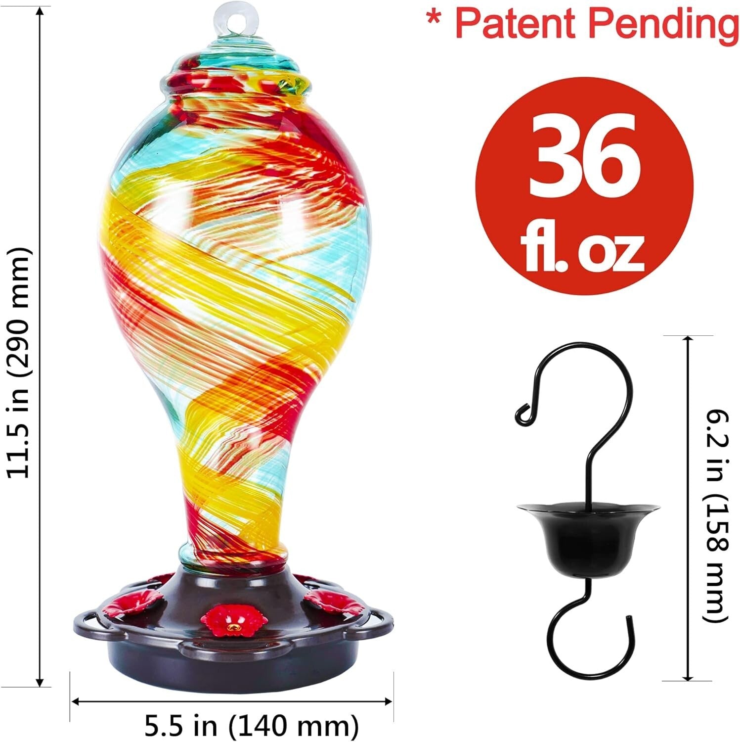 36oz Hummingbird Feeder with Rustproof Base & Ant Moat - Unique Ribbon Design