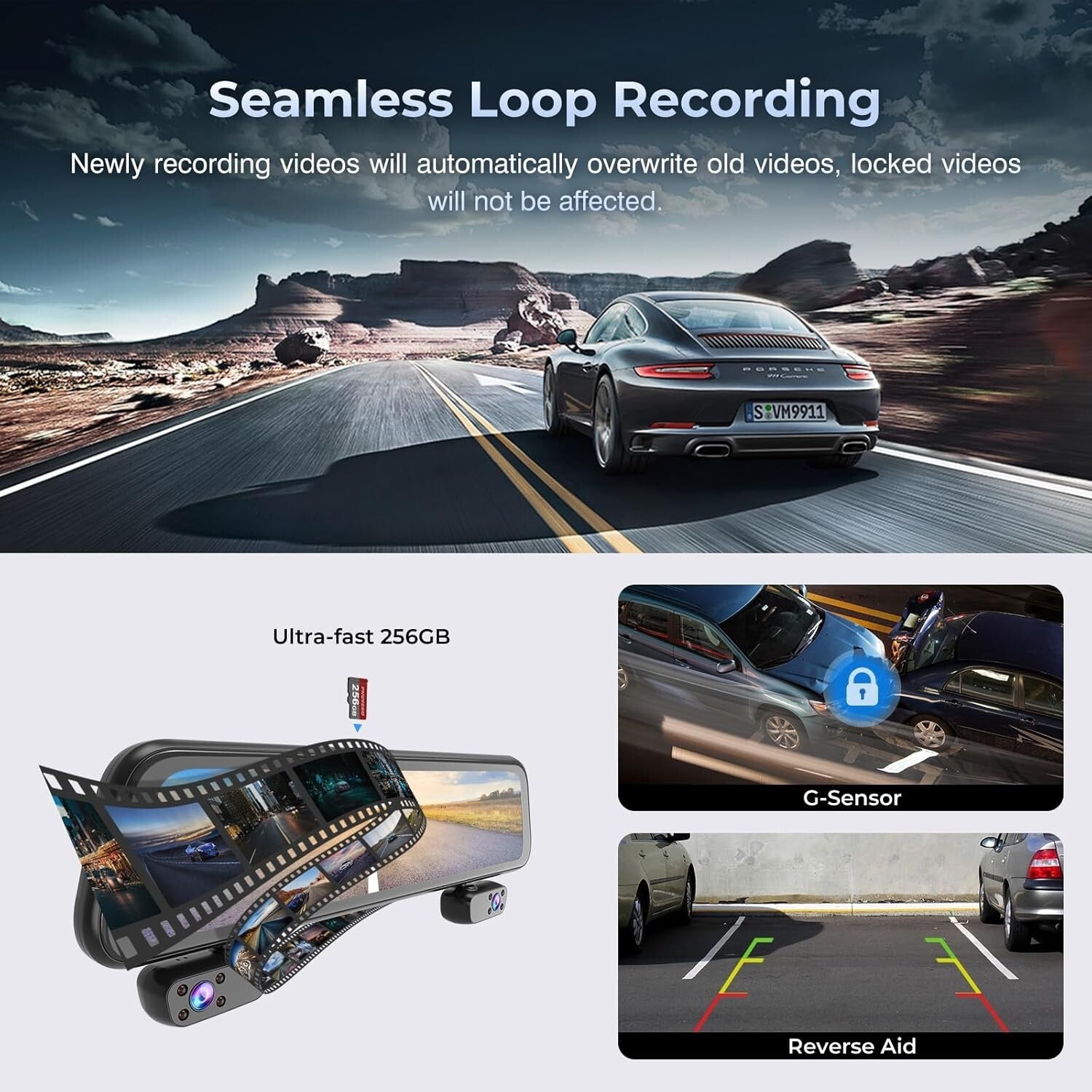 12'' 4-Channel Mirror Dash Cam with 360° View, GPS & Night Vision - 128GB Card
