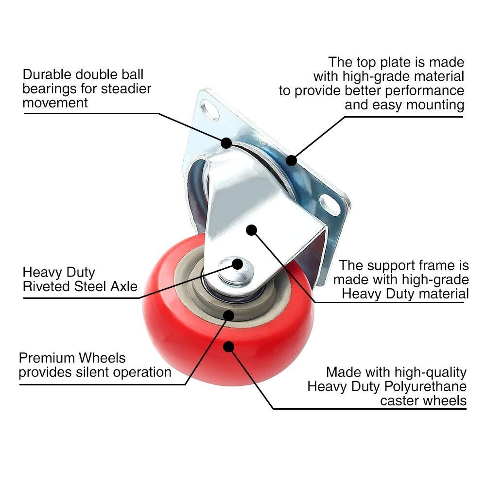 8-Pack 3-Inch Caster Wheels with Brakes - Red Polyurethane for Furniture & Cart