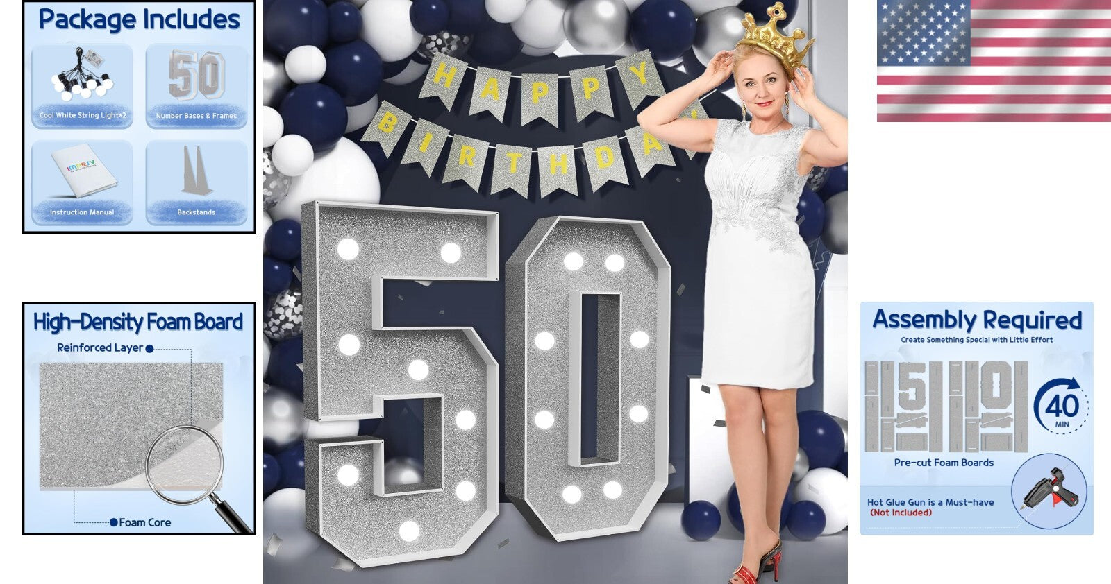 DIY Light-Up Number 50 - Silver Foam Decoration for Birthday or Anniversary