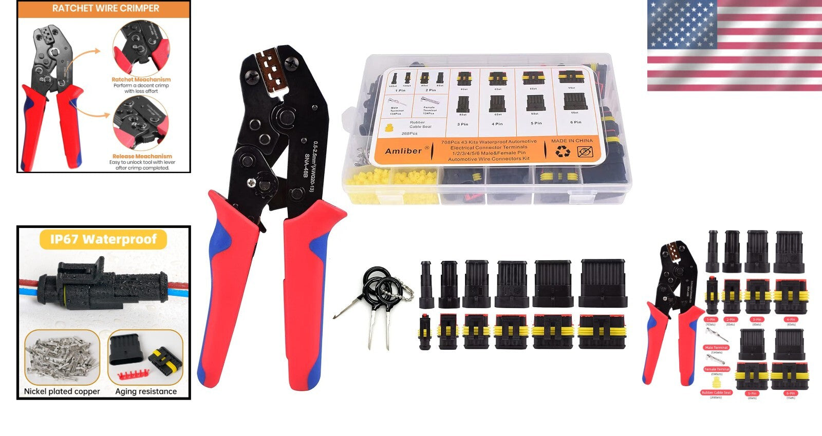 Complete 43-Kit Automotive Connector Set with Ratcheting Wire Crimping Tool