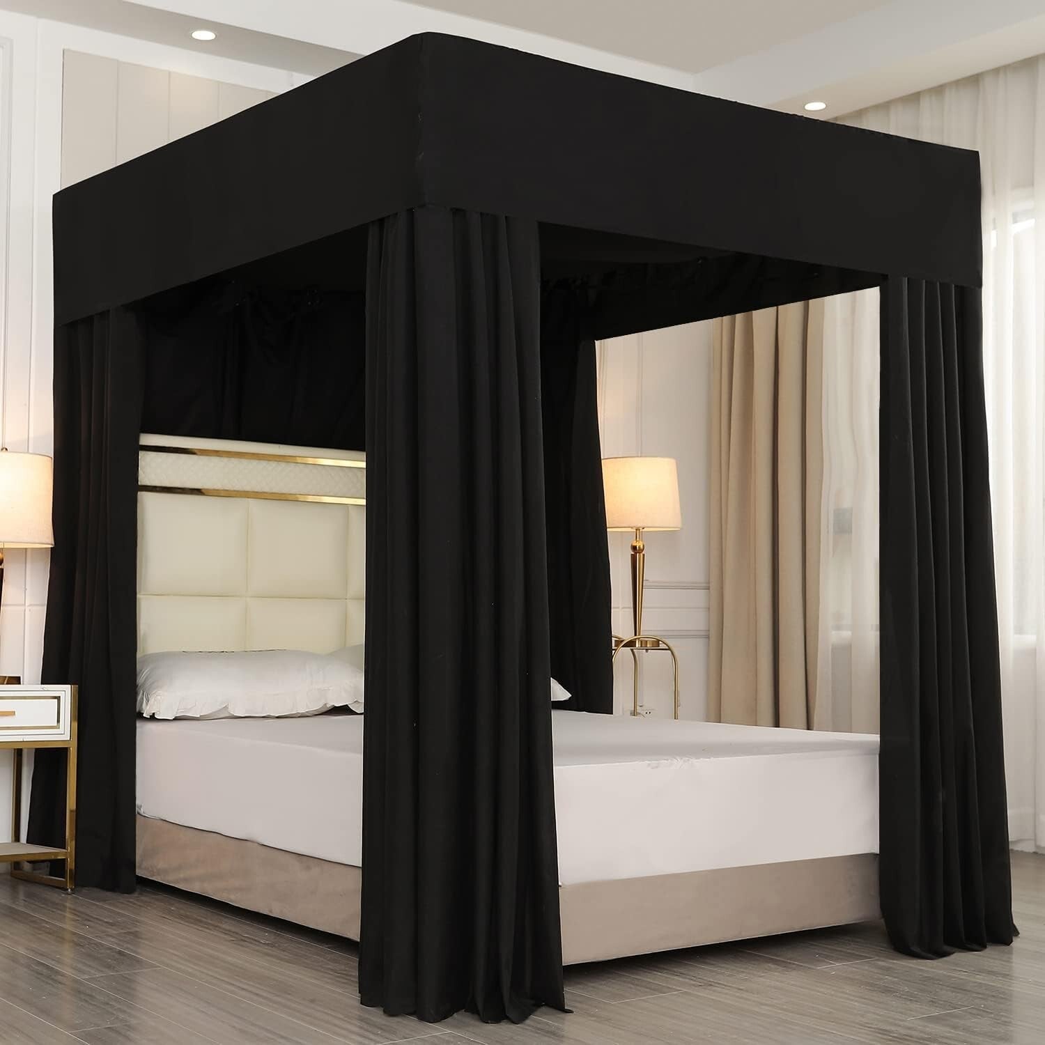 Elegant Black Canopy Bed Curtains for 4 Corner Post - Modern Bedroom Decoration