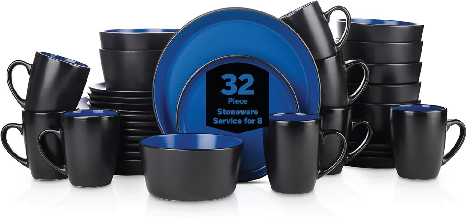Elegant 32-Piece Blue & Black Stoneware Dish Set - Microwave and Dishwasher Safe