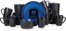 Load image into Gallery viewer, Elegant 32-Piece Blue &amp; Black Stoneware Dish Set - Microwave and Dishwasher Safe