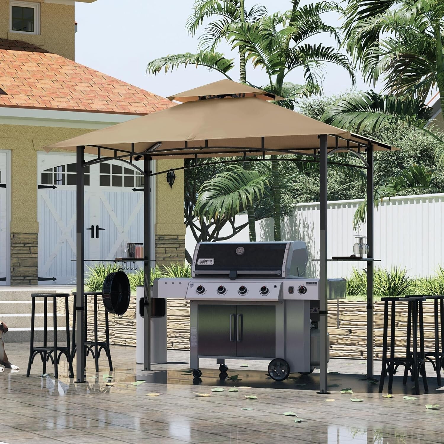 Elegant 8 x 5 Outdoor Canopy Grill Gazebo with Two Shelves and LED Lighting