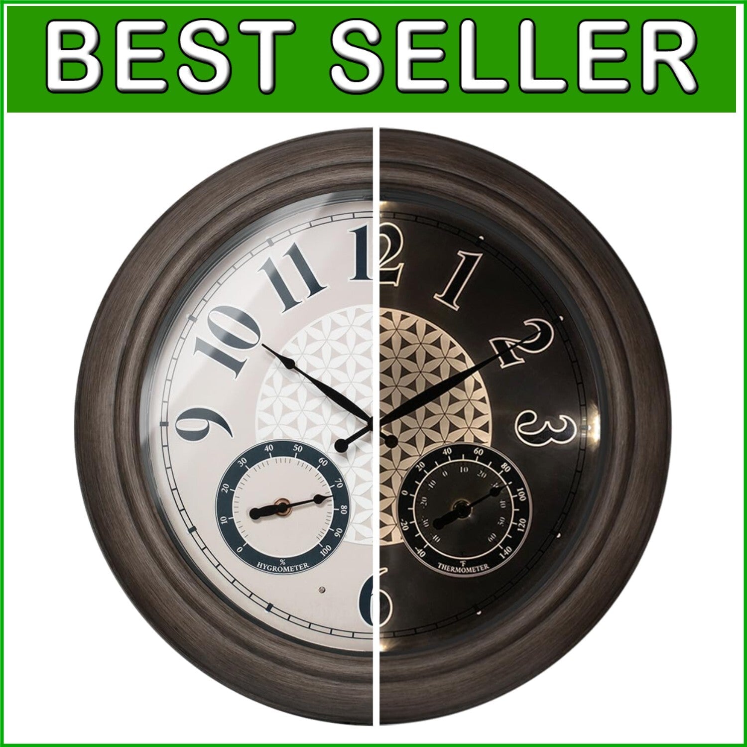 Elegant 18 Inch Illuminated Outdoor Clock with Thermometer - Grey Oak Finish