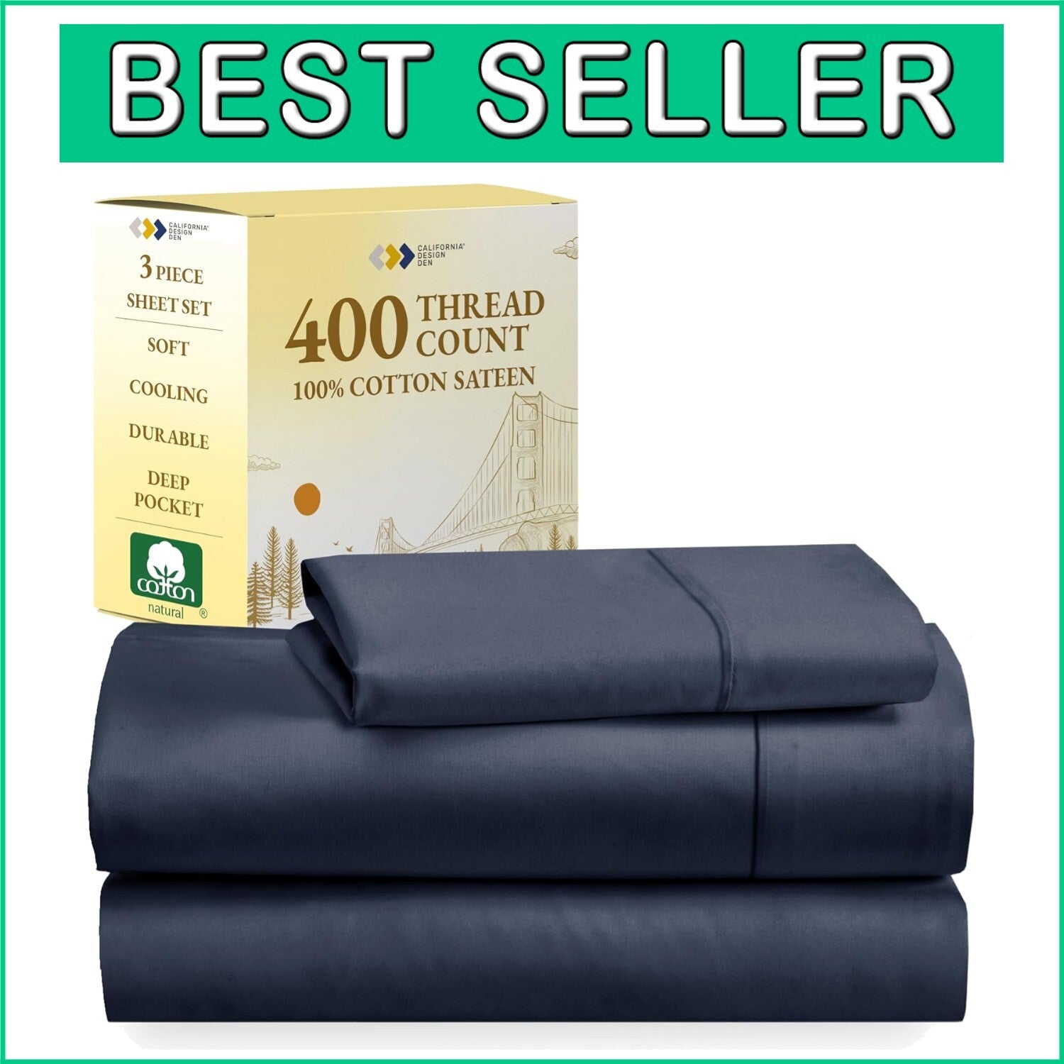 Breathable Cooling Twin Bed Sheets Set – 400 TC Indigo Cotton, Deep Pocket