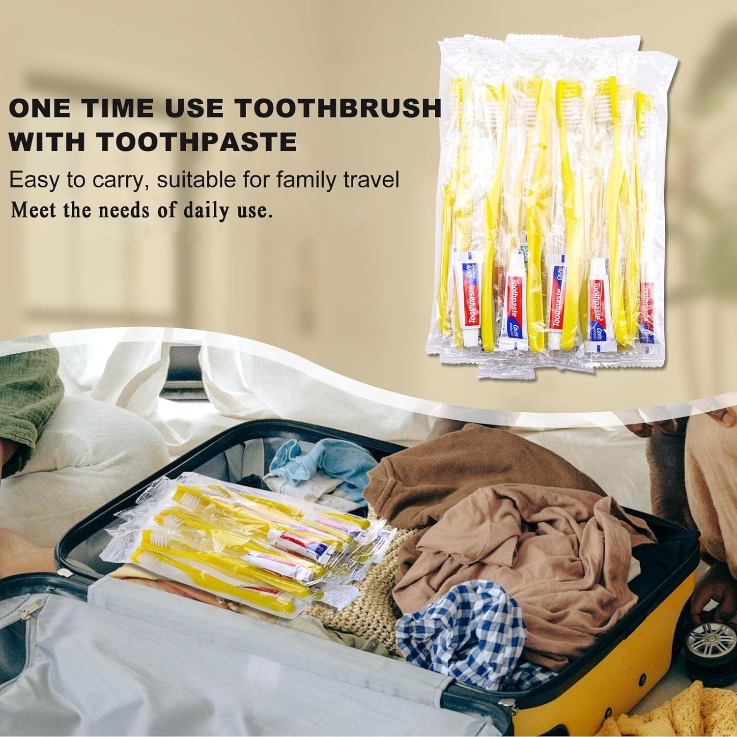 Economical 300 Pack Yellow Disposable Toothbrushes with Toothpaste for Charities