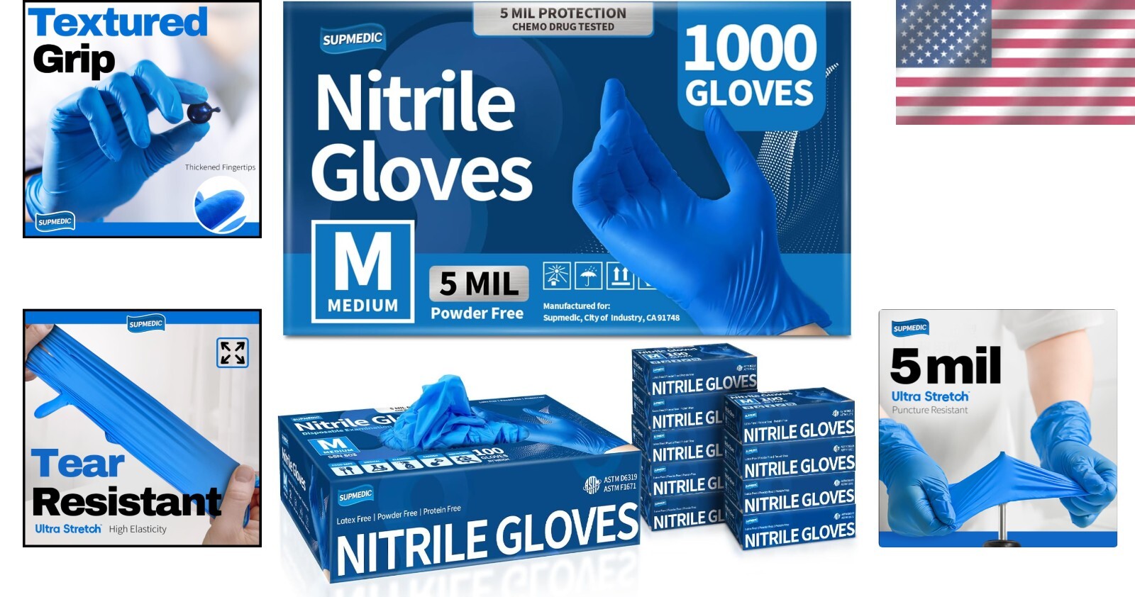 Blue Disposable Nitrile Gloves, 5 Mil Thick - 1000 Pcs, Food Safe & Latex-Free