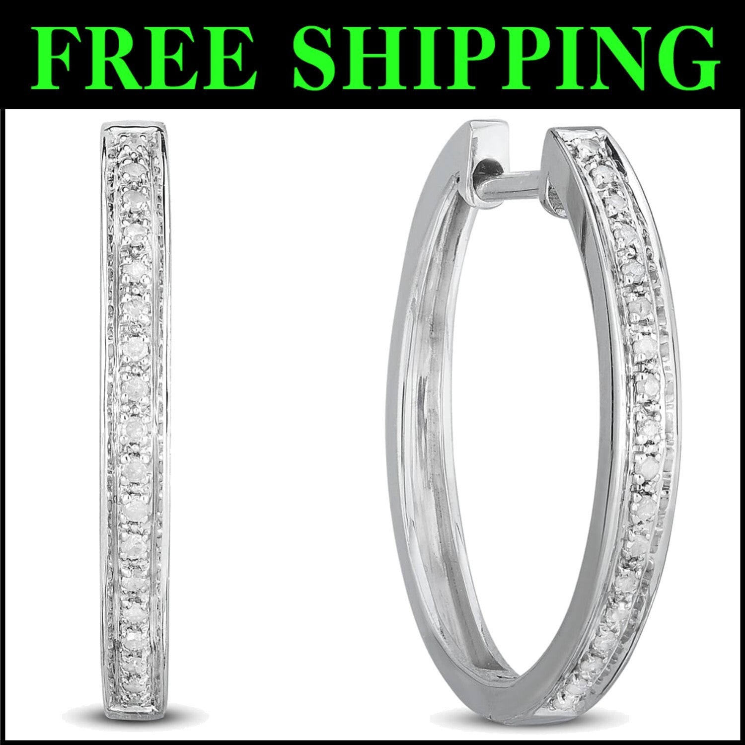 Small Diamond Hoop Earrings - 1/10 Cttw in Rhodium-Plated Silver Gift-Ready