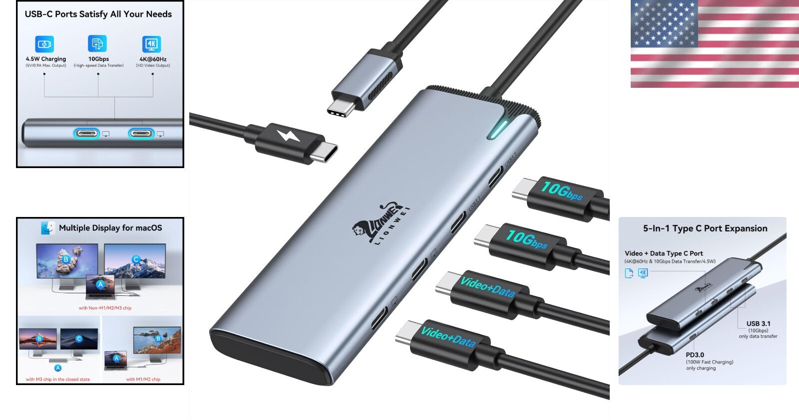 Multi-Port USB C Hub - Dual 4K Output, Thunderbolt 3 Compatible, Lightweight