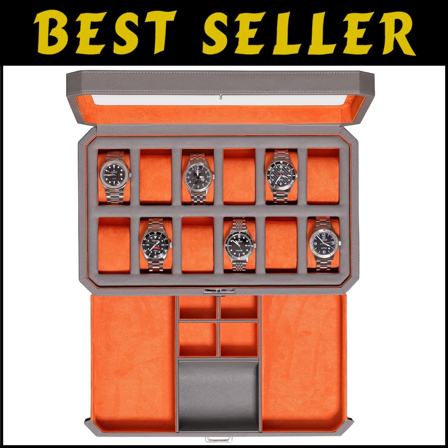 12 Slot Luxury Leather Watch Box with Valet Drawer - Elegant Storage Organizer