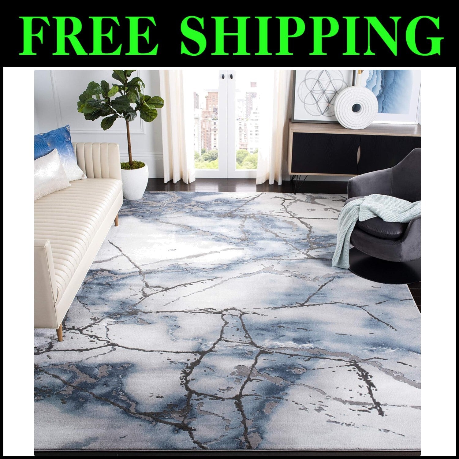 Stain Resistant Grey & Blue Area Rug - 9' x 12', Ideal for High Traffic Spaces
