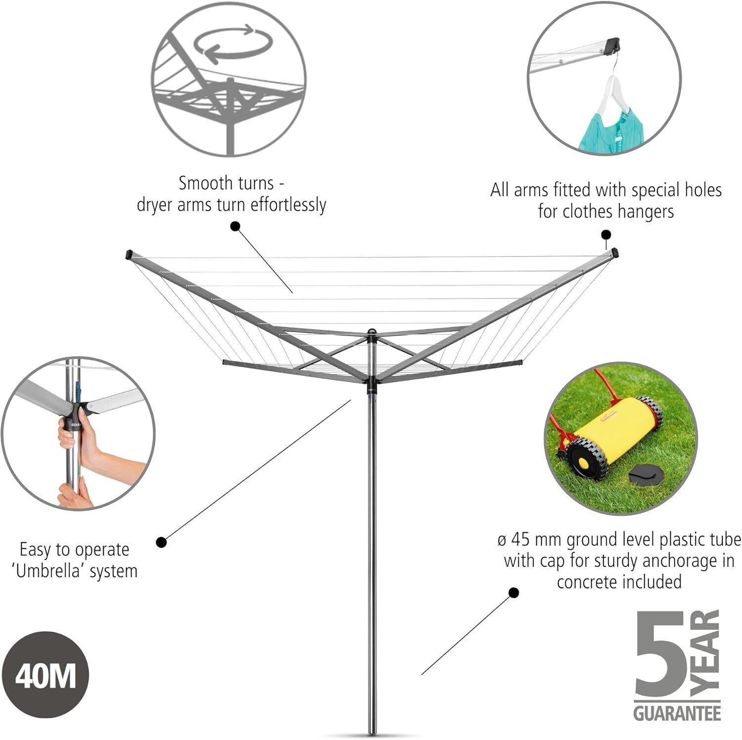 131 ft Rotary Clothes Drying Rack with 4 Rotating Arms - Heavy Duty & Durable