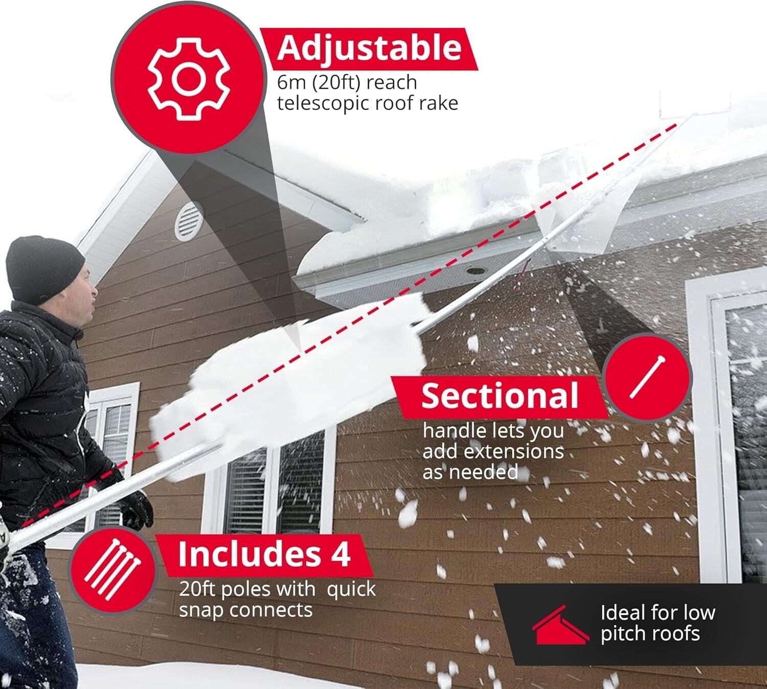 Durable Aluminum Roof Rake - 20 ft Snow Removal Tool for Efficient Clearing