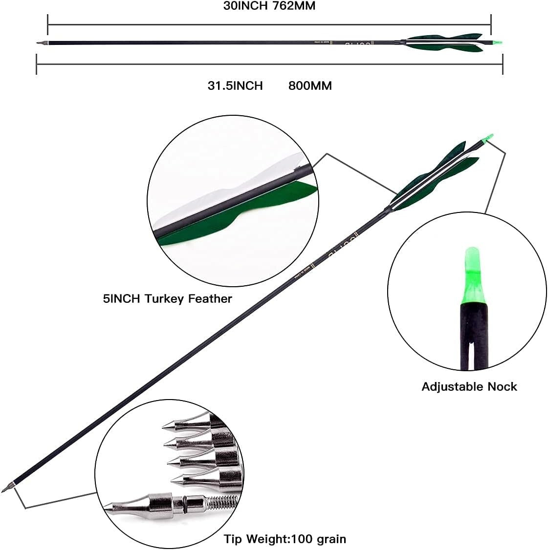 Archery Carbon Arrows 31.5" with Adjustable Nocks & Turkey Feathers - 12 Pack