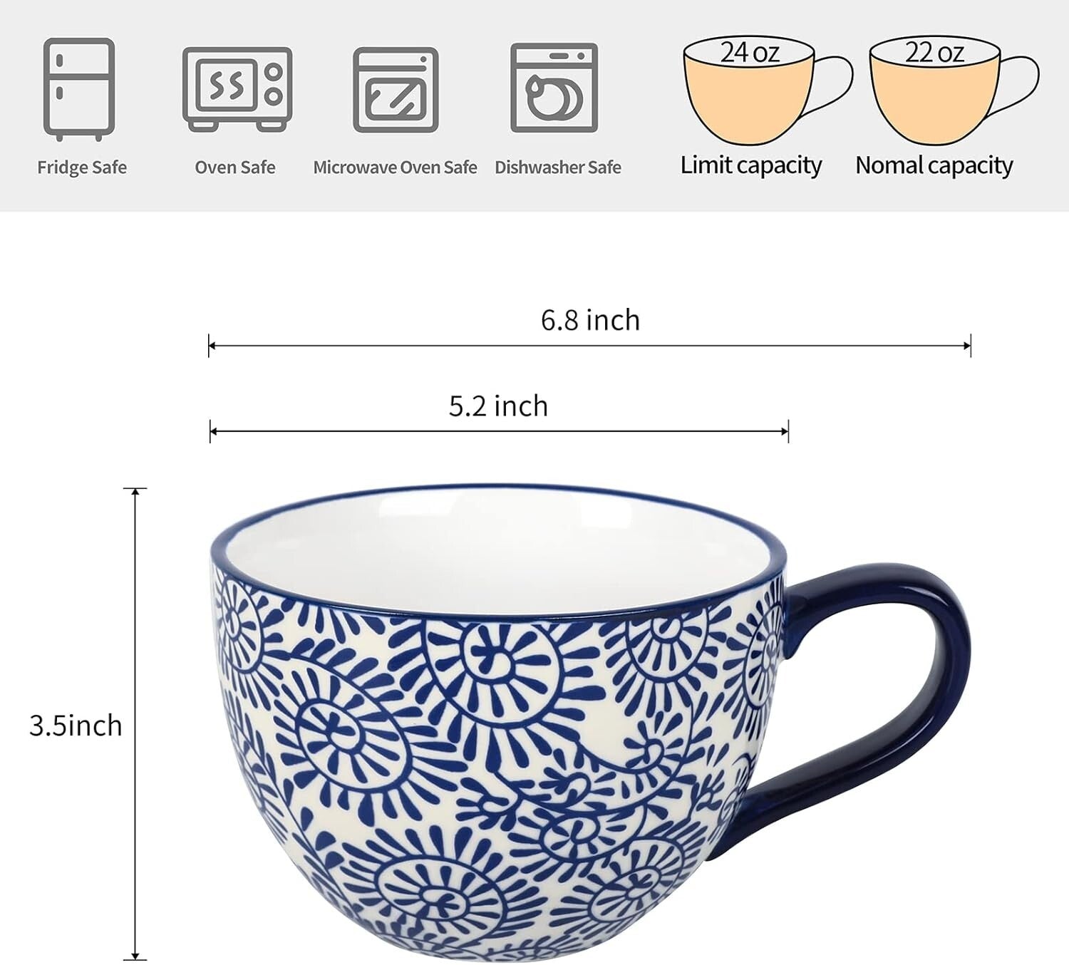 Elegant 24 Oz Jumbo Coffee Mug Set of 4 - Vintage Blue Ceramic with Large Handle