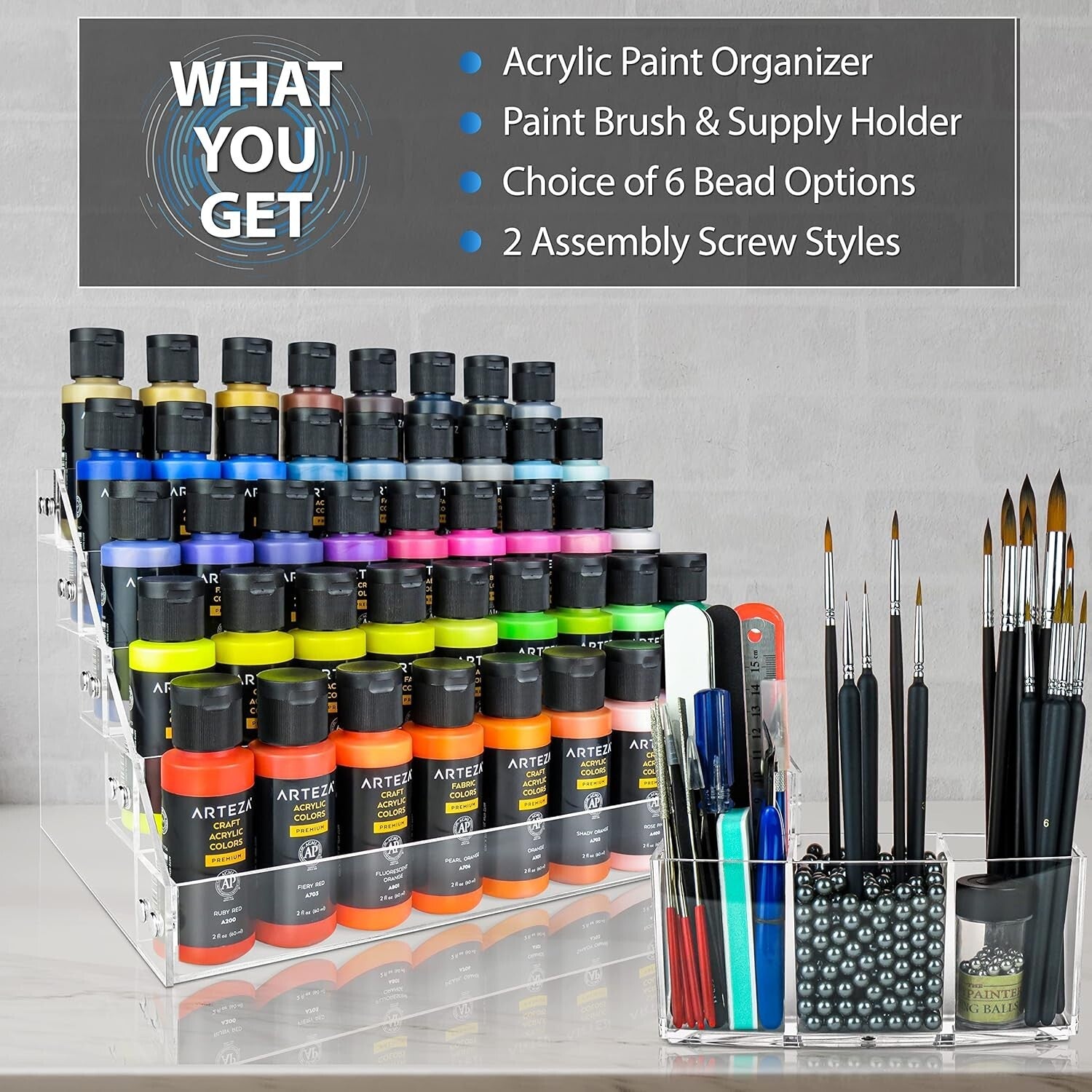 Compact & Elegant Paint Organizer with Acrylic Brush Holder - Minimal Assembly