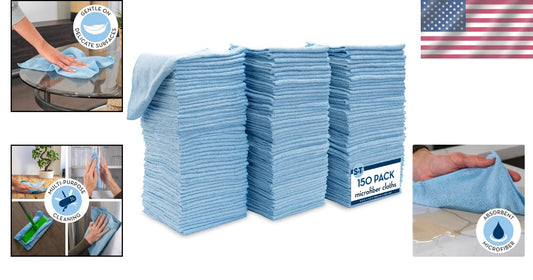 Bulk 150 Light Blue Microfiber Cleaning Cloths - Machine Washable & Lint-Free