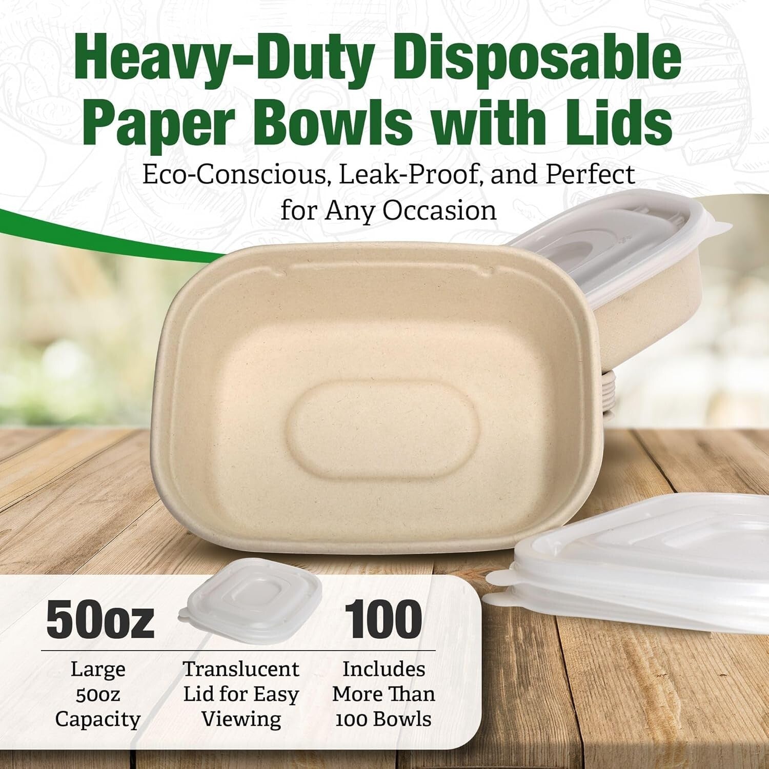 Disposable 100 Pack 50 Oz Paper Bowls, Leakproof & Durable for Hot or Cold Foods