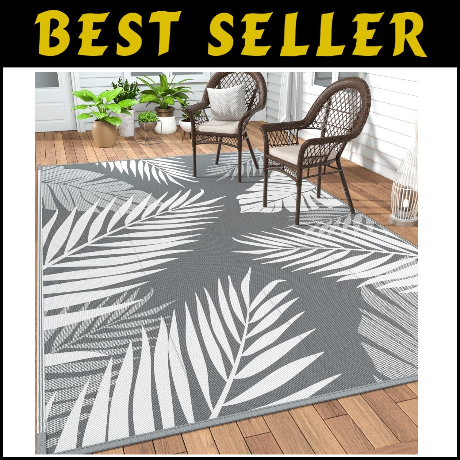 Versatile 9x12 Outdoor Carpet with Palm Leaf Design - Perfect for Decks &Picnics