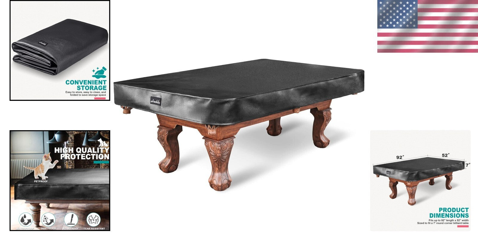 7FT-9FT Fitted Pool Table Cover, Waterproof & Tearproof Leatherette Protection