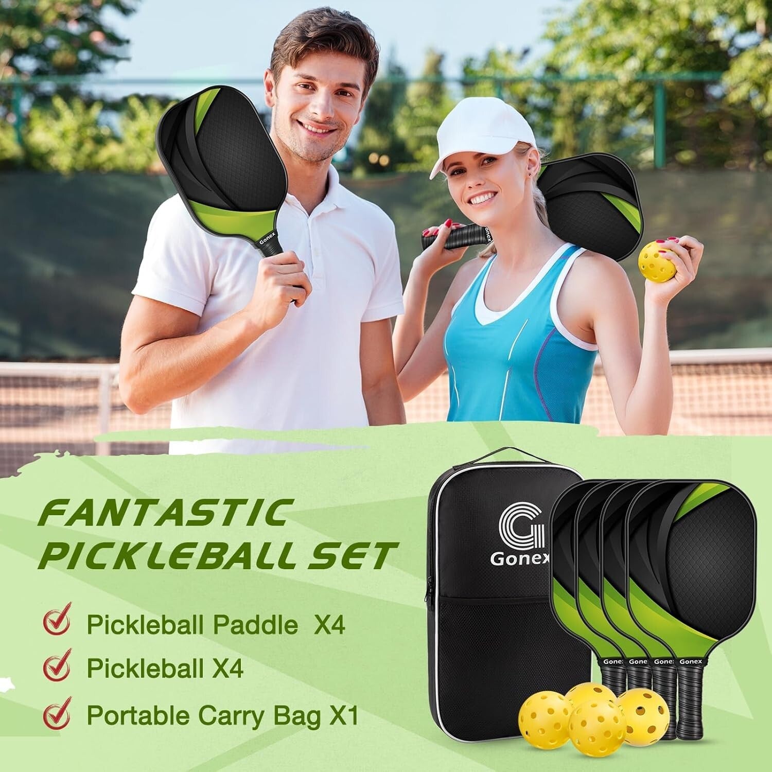 Durable USAPA Graphite Pickleball Set for All Skill Levels - 4 Paddles & Balls