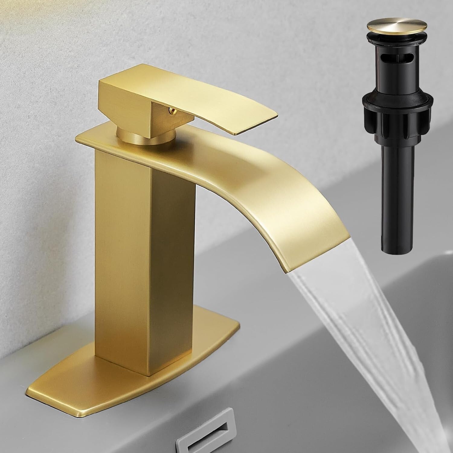 Durable Brushed Gold Waterfall Sink Faucet with Drain - Modern Design Excellence