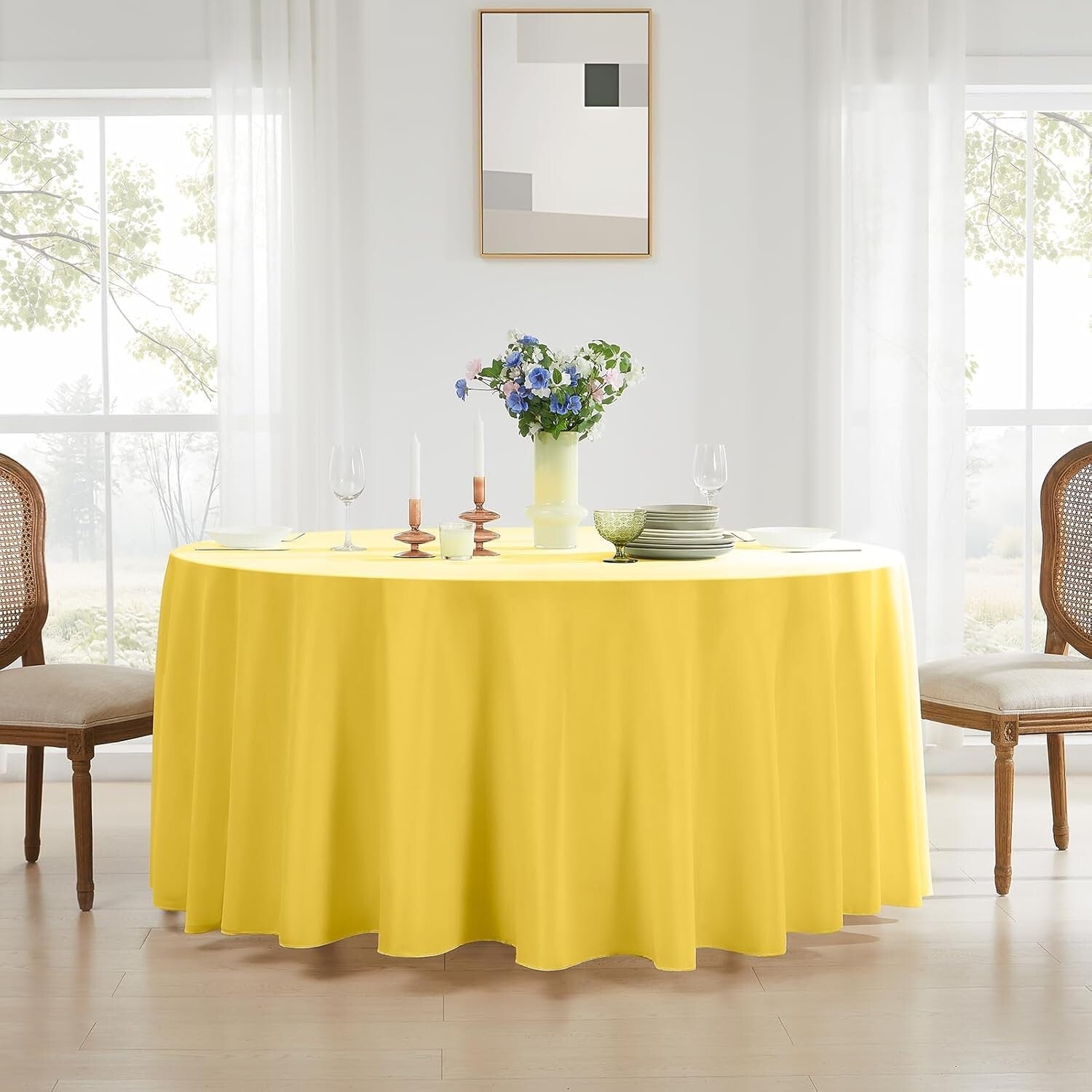 Durable 132 Inch Round Yellow Tablecloth Set for Parties & Weddings - 6 Pack
