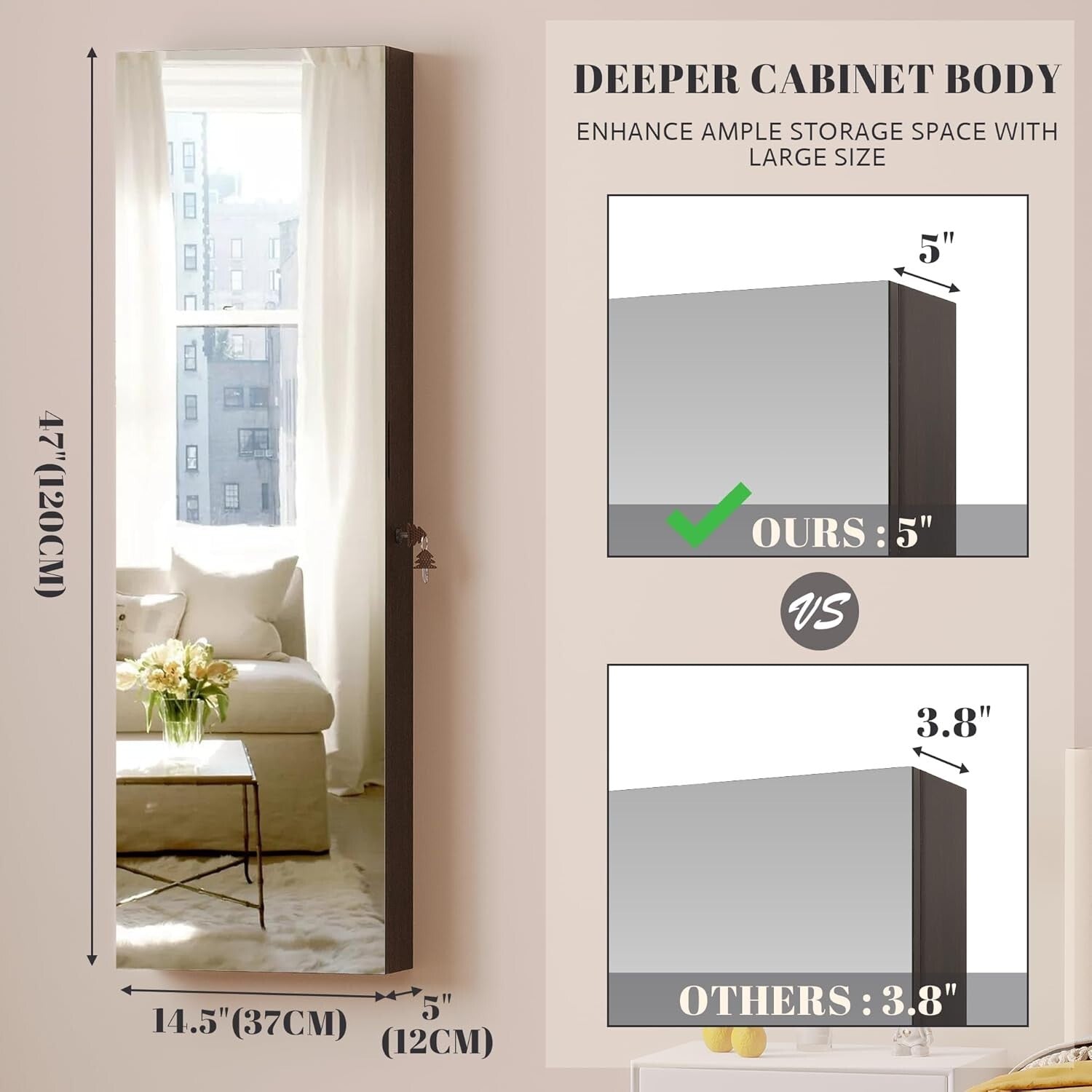 Modern 47.2" Jewelry Storage Cabinet with Full-Length Mirror & Built-in Lighting