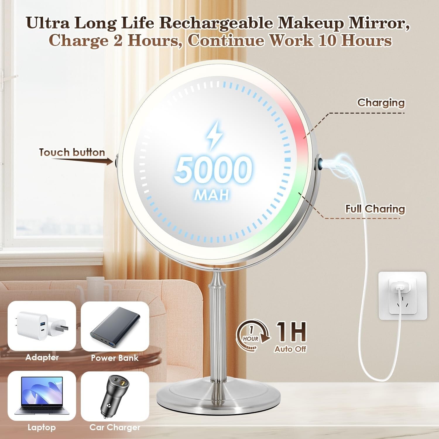 Lighted 9" Travel Makeup Mirror with 15X Magnification - Elegant Pearl Nickel