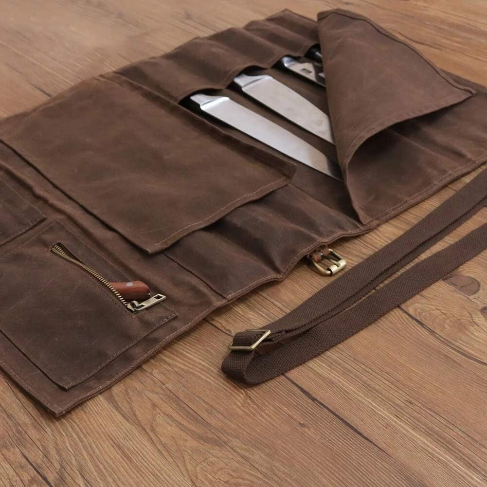 Professional Chef Knife Storage Bag - Waxed Canvas with 11 Pockets for Travel