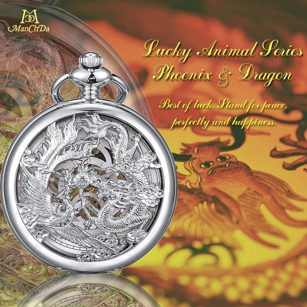 Fashionable Dragon & Phoenix Mechanical Pocket Watch - Gift-Ready with Chain