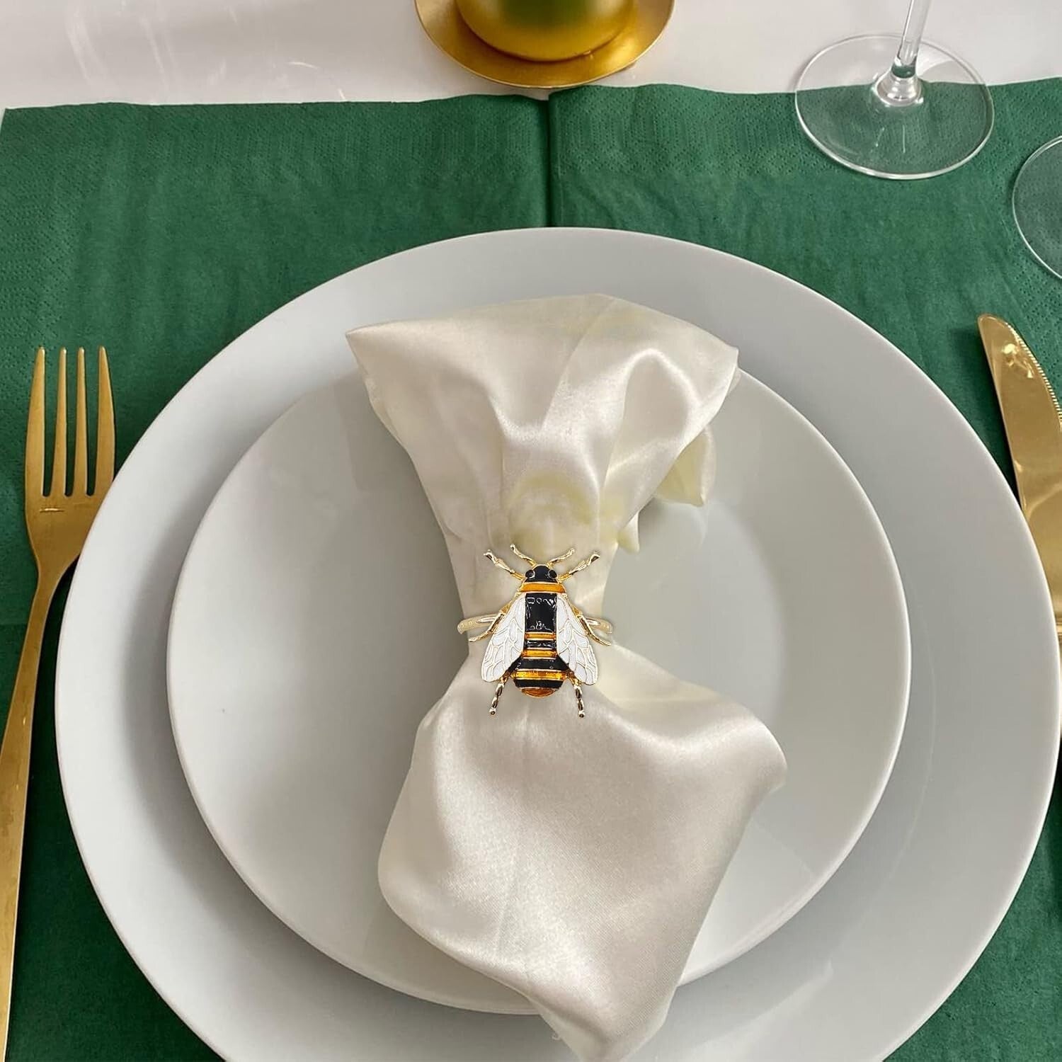 Set of 12 Gold Bee Napkin Rings - Soft Enamel Metal Holders for Elegant Dining
