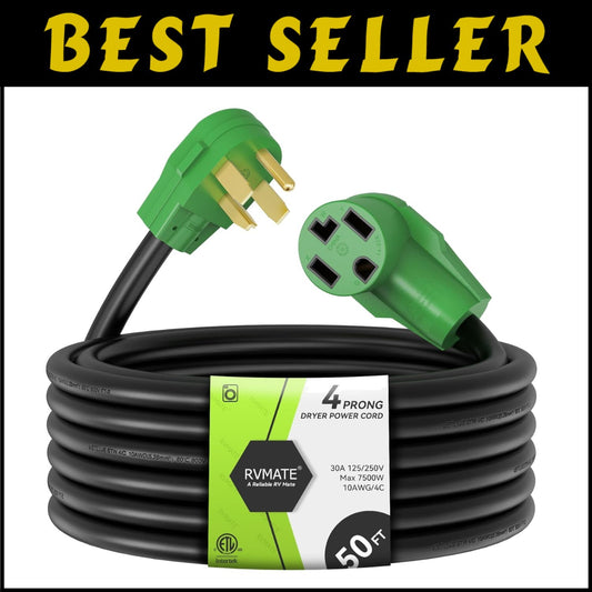 Waterproof 50ft Heavy Duty 30 Amp Dryer Power Extension Cord - ETL Listed