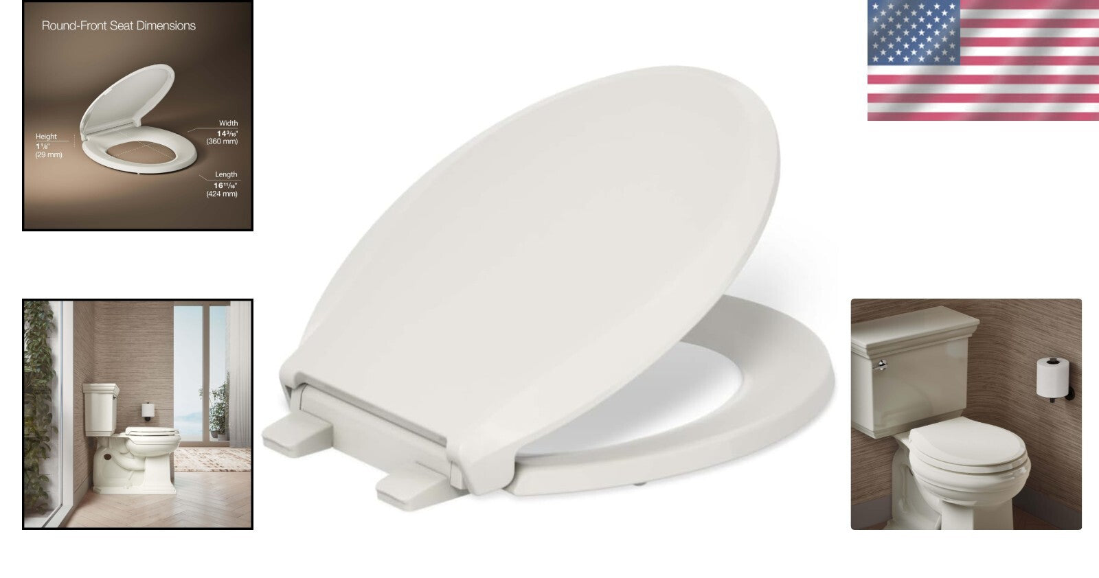 Modern Almond Round Toilet Seat with Grip-Tight Bumpers and Quiet-Close Lid