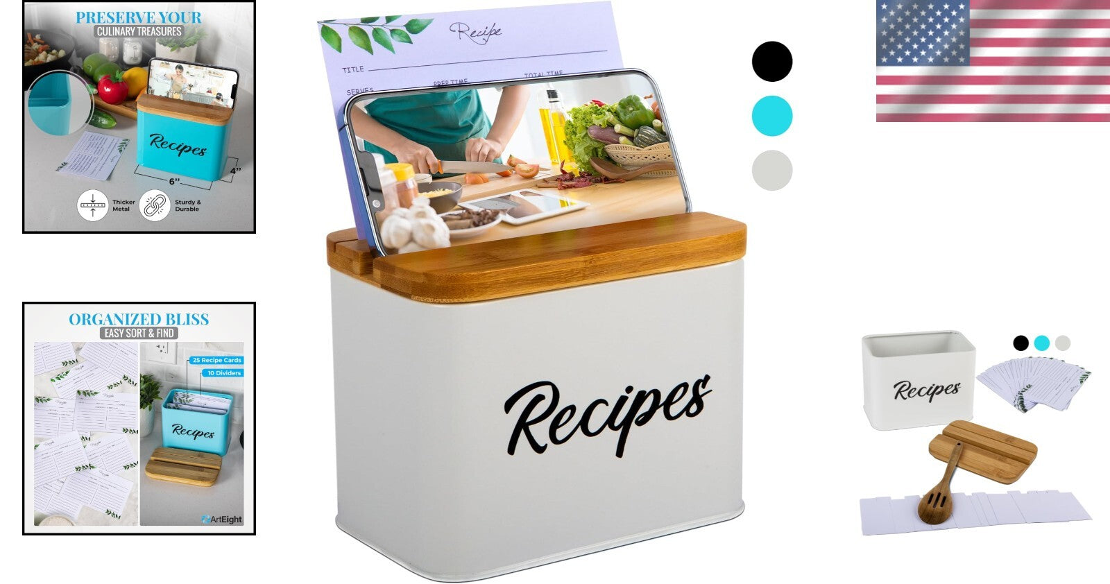 Organize Your Kitchen with our 4x6 Recipe Box - Metal with Cards & Dividers