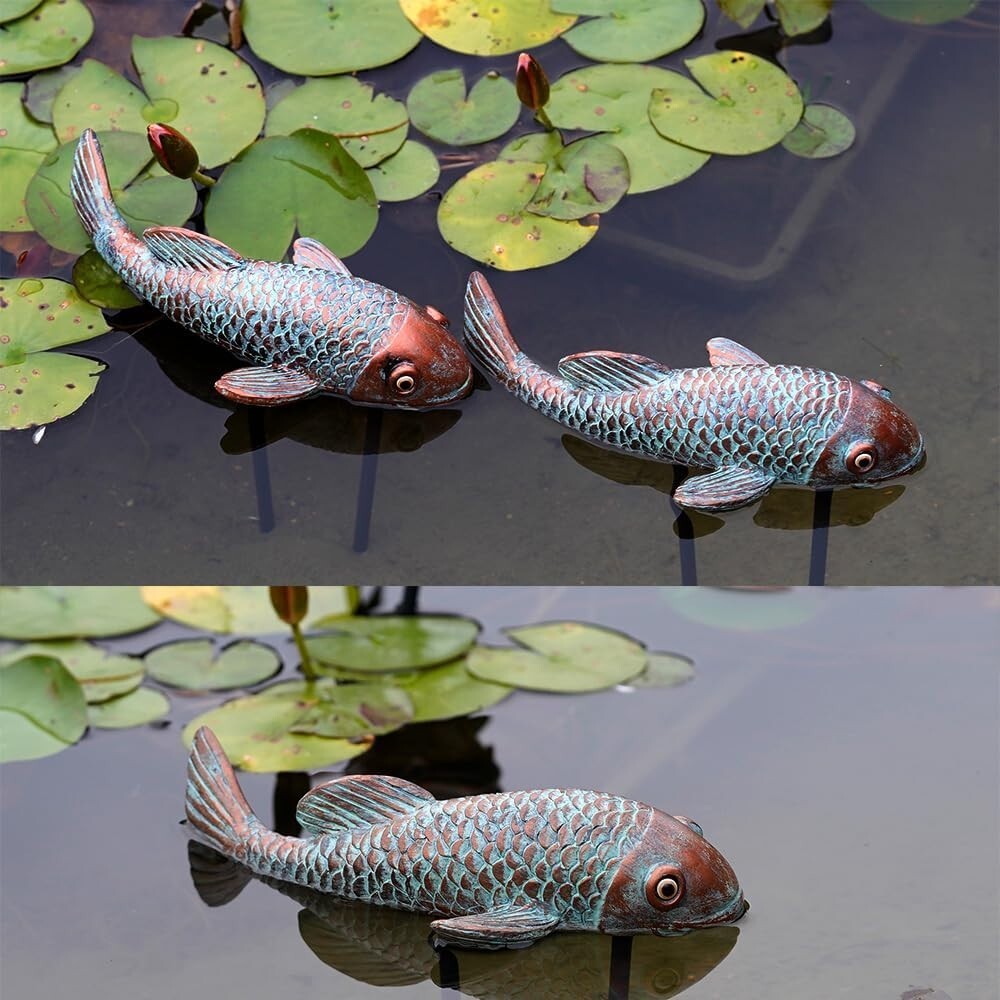 Unique Antique Koi Fish Garden Statues with 2 Iron Poles - Indoor & Outdoor