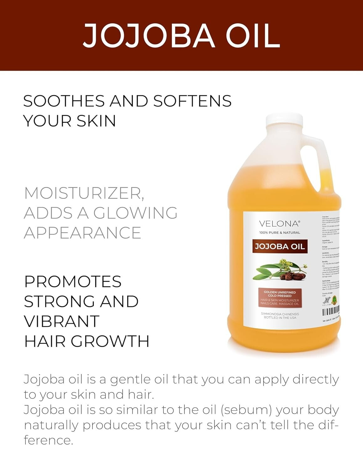 100% Pure & Unrefined Jojoba Oil - 64 oz for Skin, Hair & Cuticle Care
