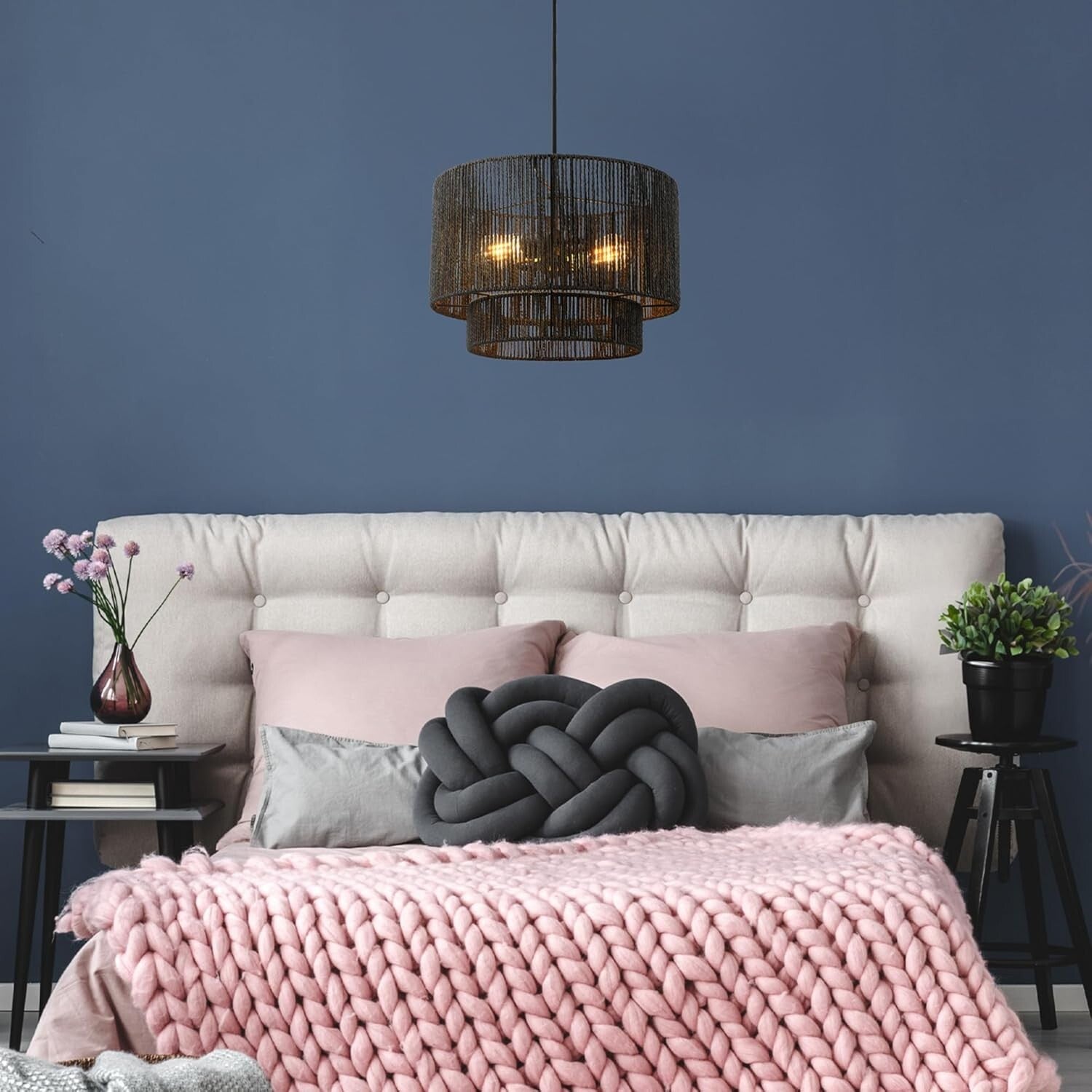 Dimmable 2-Light Pendant Light in Matte Black with Elegant Paper Twine Shade