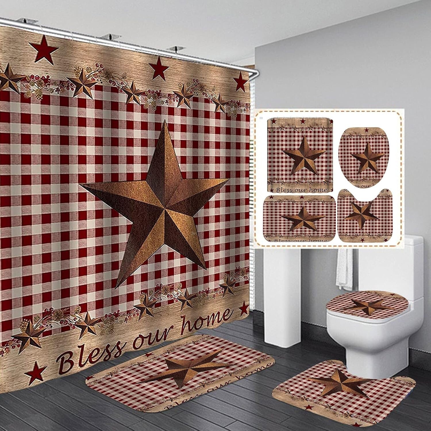 Elegant 4-Piece Country Bathroom Decor Set - Waterproof Curtain & Anti-Slip Mats