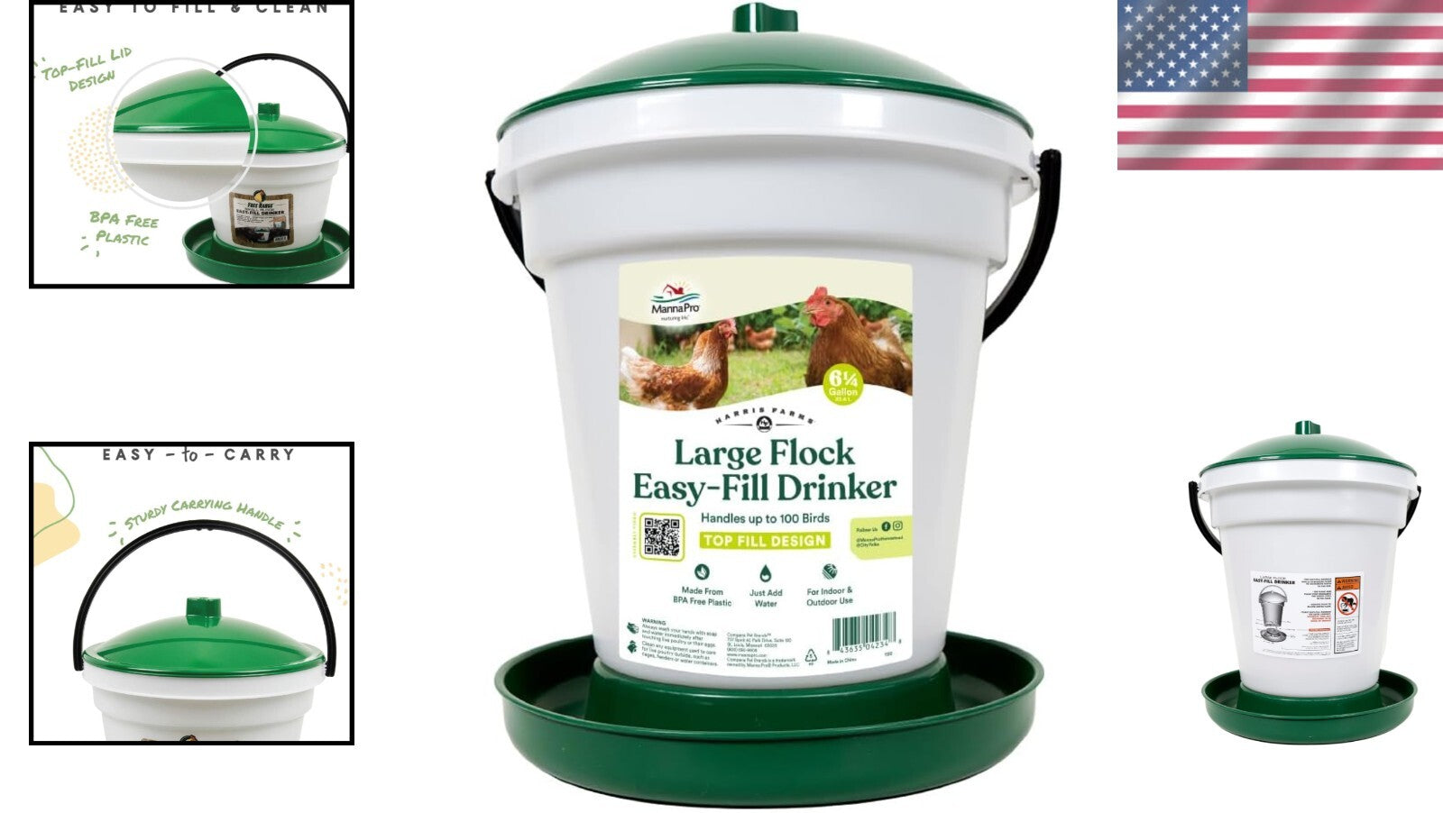 Easy-Fill Poultry Drinker - 6.25 Gallon BPA-Free with Convenient Carrying Handle