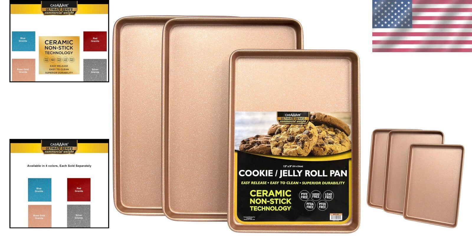 Luxury 3-Piece Cookie Sheet Set - Rose Gold Granite with Easy Release Surface