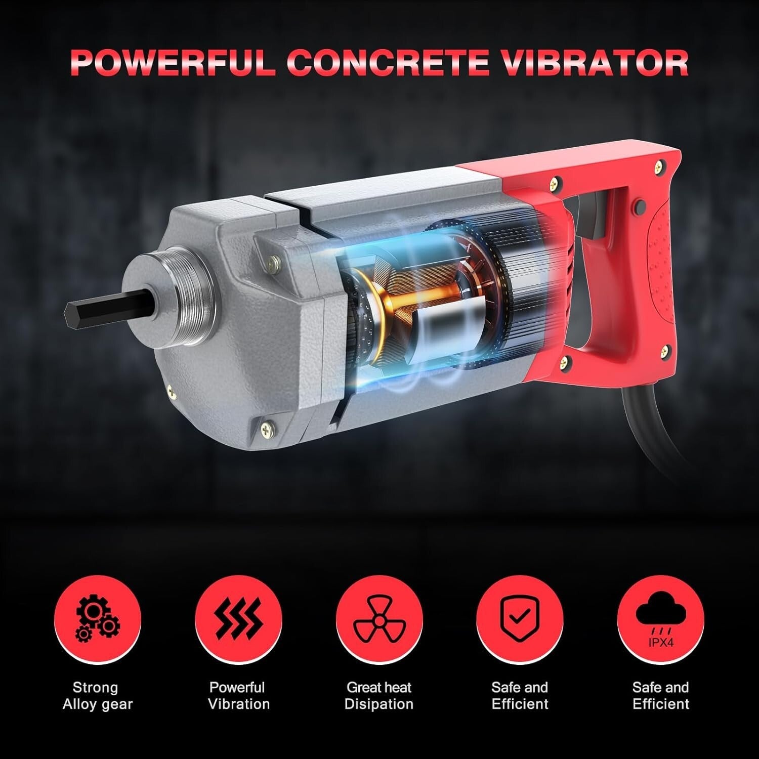 Efficient 1300W Concrete Vibrating Tool - 6.6 FT Long Copper Shaft for Easy Use