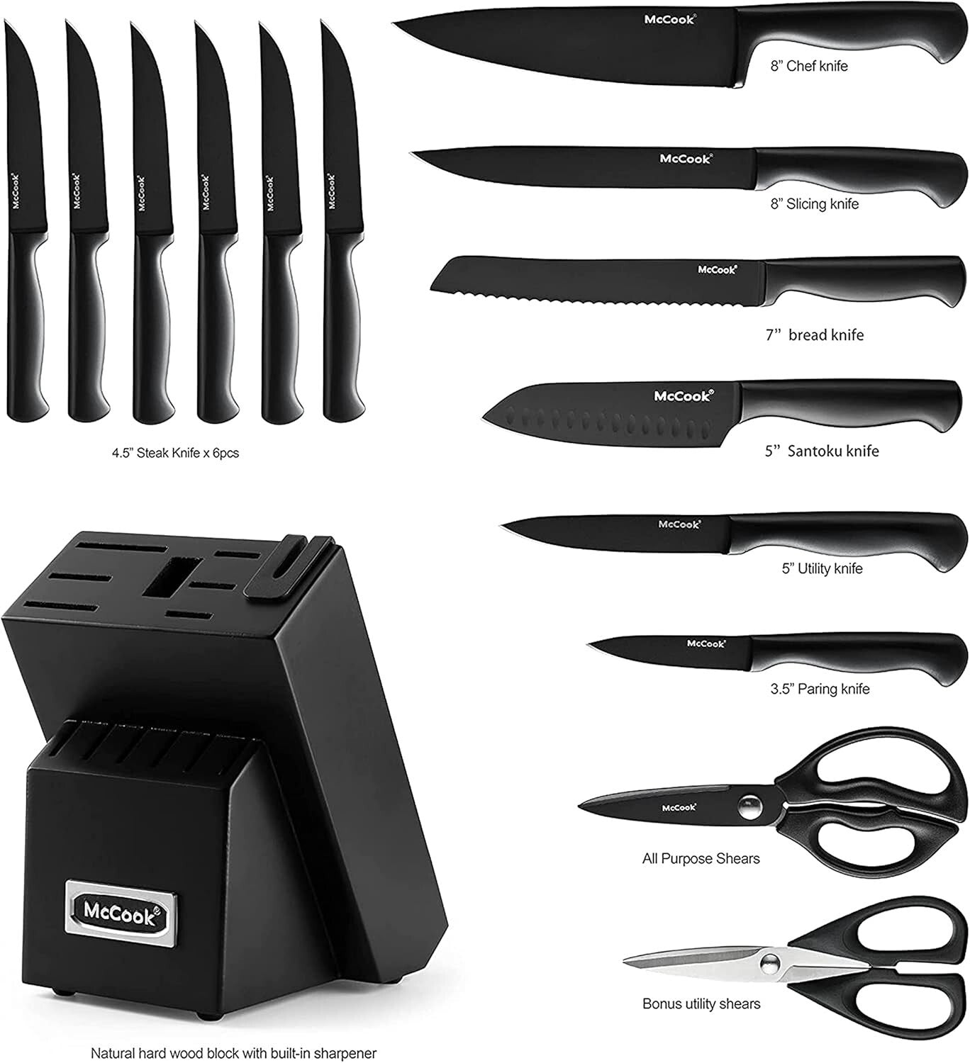 Stylish 15-Piece Non-Stick Knife Set with Built-In Sharpener - Ideal for Gifting