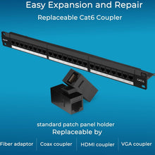 Load image into Gallery viewer, 24-Port Cat6 Patch Panel with Pass-Thru Couplers - 10G High Speed Solution