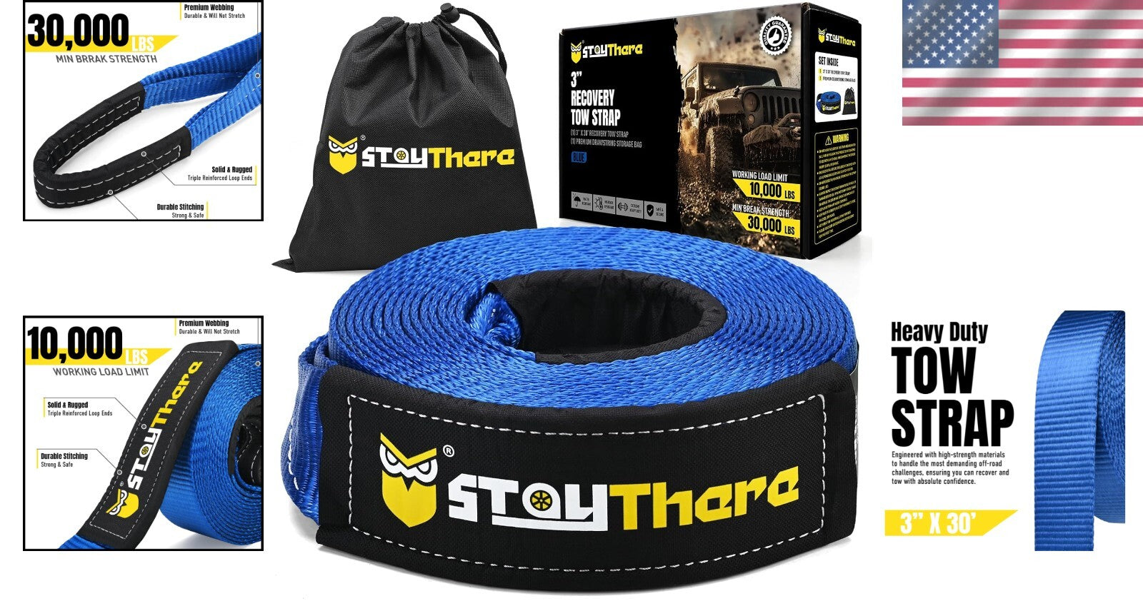 Heavy-Duty 3'' x 30 ft Recovery Tow Strap - 30,000 lb Capacity with Storage Bag