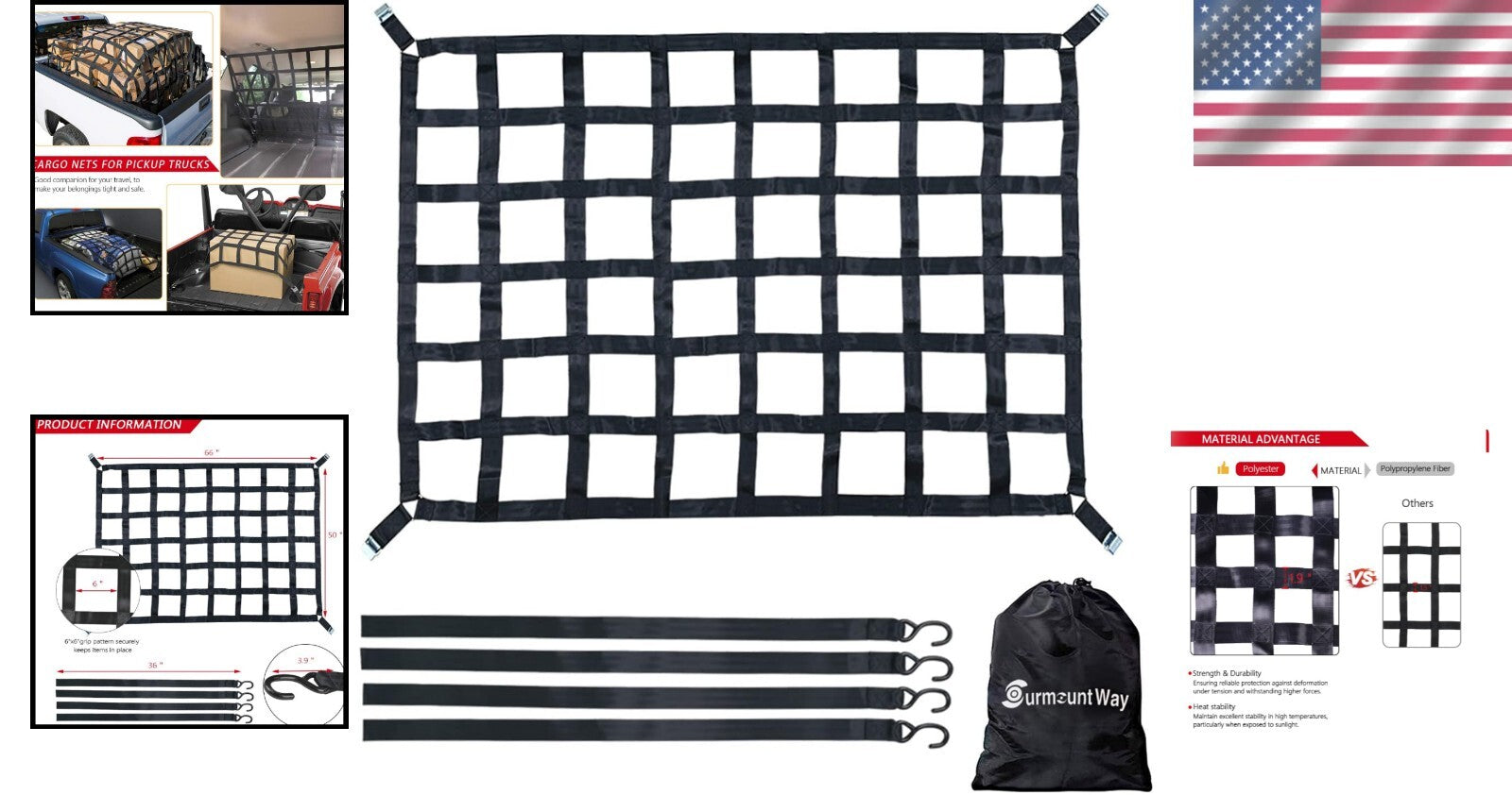 Durable Polyester Cargo Net for Pickup Trucks - 1100 lbs Heavy Duty Spec