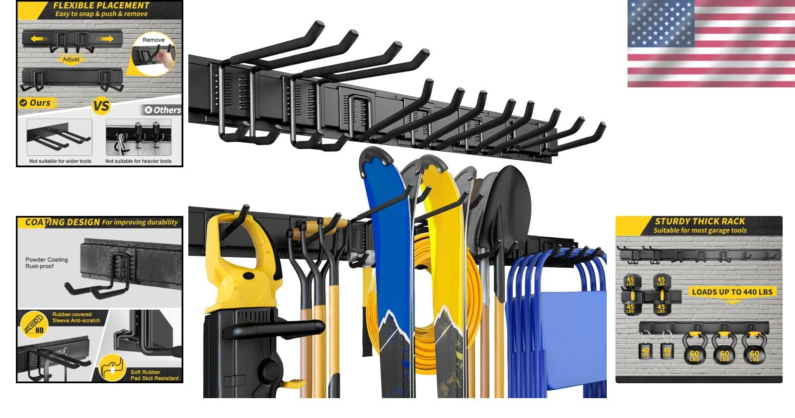 Effortless Tool Organization: 48-Inch Wall-Mounted Rack with Adjustable Hooks