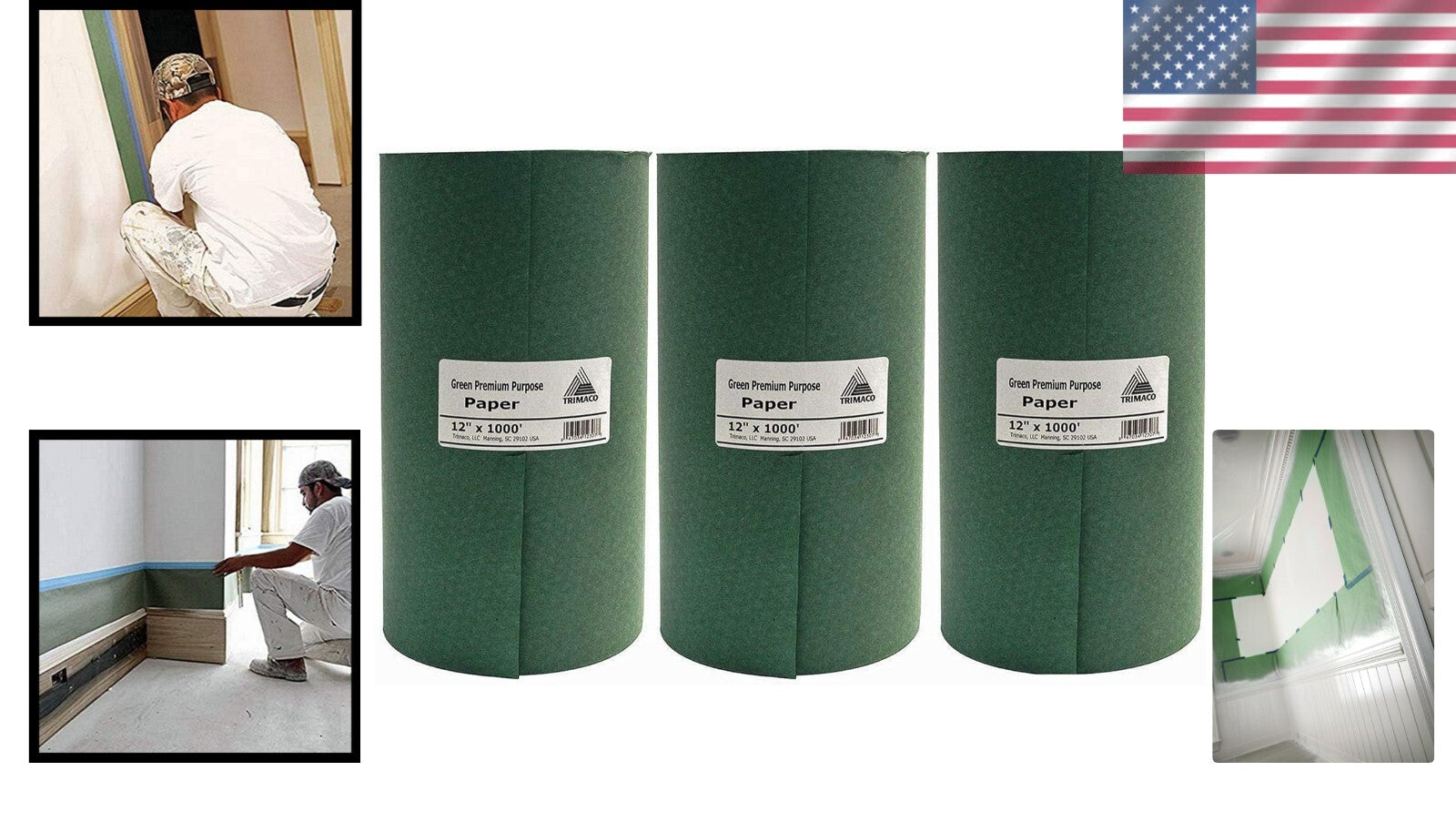 Pro-Grade Green Masking Paper, 3-Roll Set, Perfect for Clean Edges in Painting